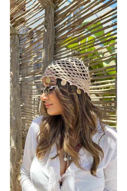 Kep004 Hand Knitted Coin-Detail Fishnet Cap