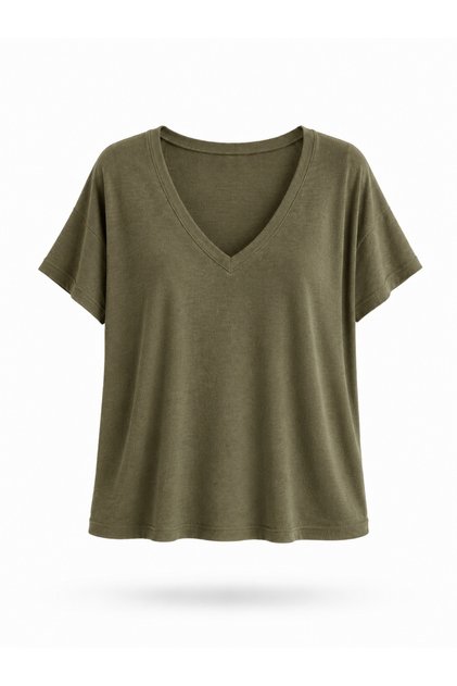 V-Neck Flowy T-Shirt Top Women Khaki