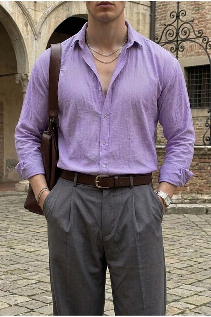 Rio Lilac Colored Soft Linen Look Half Oversize Comfortable Fit Shirt
