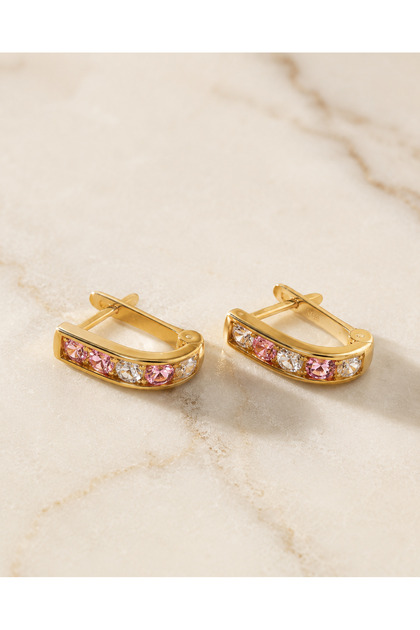Gold 14 Ayar Altın Pembe Beyaz Taşlı Sıralı Çocuk Halka Küpe