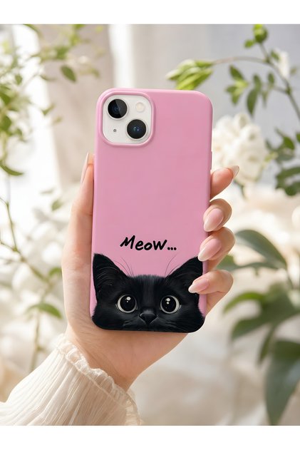 iPhone 13 Compatible Launch Silicone Meow Written Cat Themed Shock Absorbing Case Pink