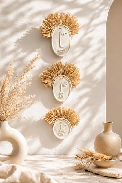 El Yapımı Beton Yüz Duvar Süsü 3'lü Set Rafya Saçlı Boho Ev Dekorasyonu