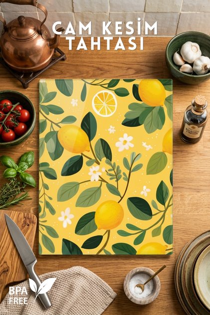 Limon Desenli Cam Kesim Tahtası - 25x35cm -Dayanıklı ve Pratik Kesim Matı