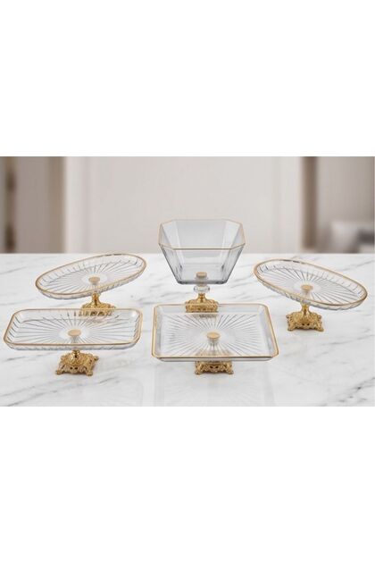 Premium Crystal Cut Look Gold Footed 5-Piece Presentation and Catering Set | Luxury Dowry and New Home Gift Tableware Aesthetic Design