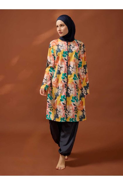 Abstract Patterned Full-Coverage Hijab Swimsuit - Multi-Colored Brush Patterned