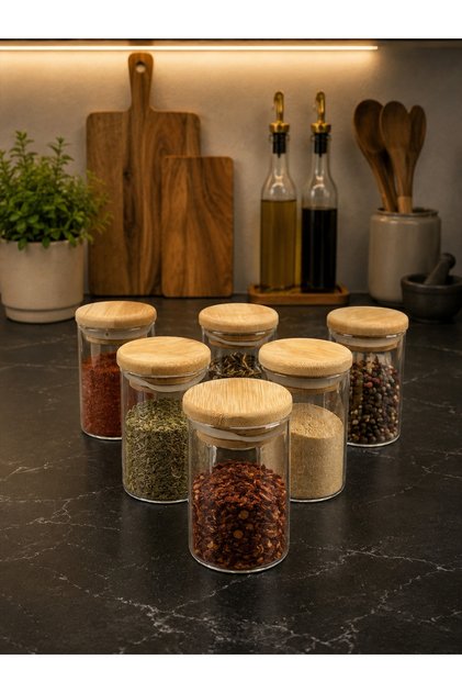 Set of 6 Glass Bamboo Vacuum Lids Spice Jar Set Jars 250ml
