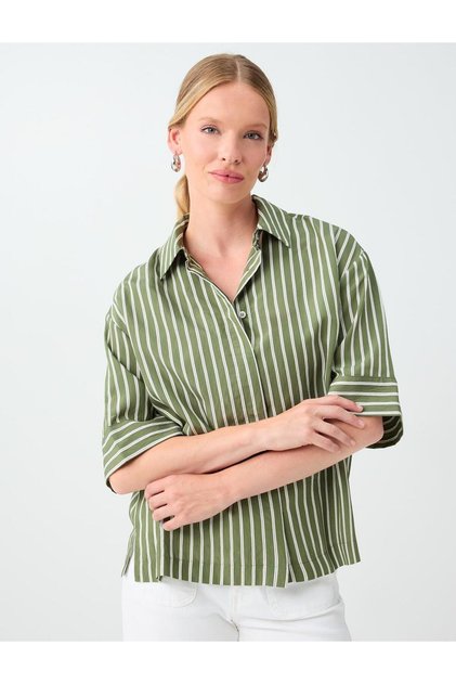 Khaki Shirt Collar Three Quarter Sleeve Striped Shirt