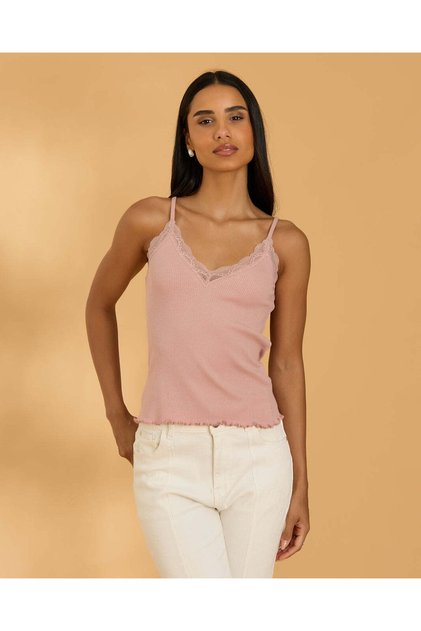 Women Pink Ribbed Lace Strappy Vest