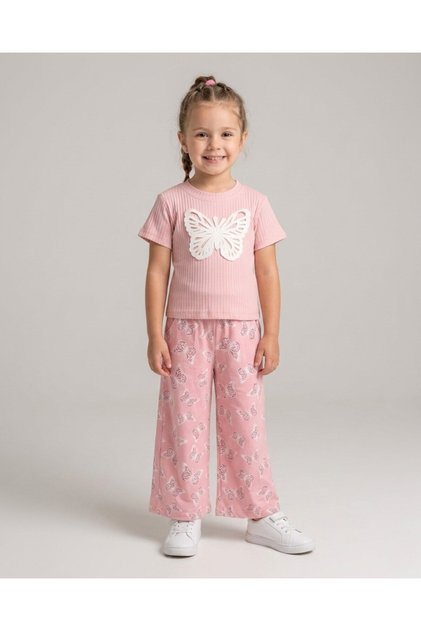 Girl's Summer Muslin Trousers and Butterfly Embroidered T-Shirt 2-Piece Set, Sizes 2-14 Years