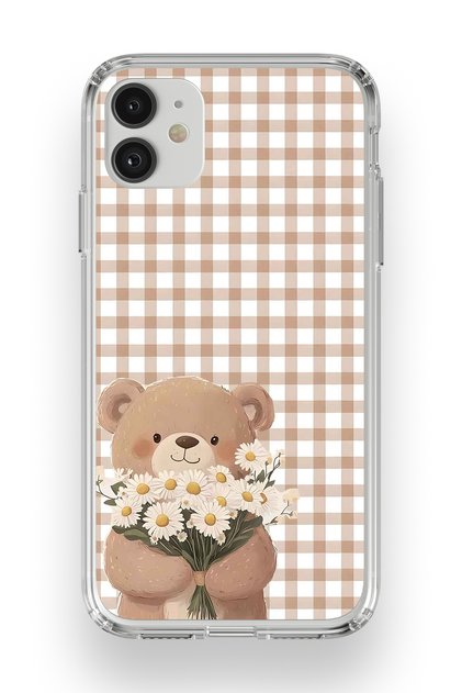iPhone 11 Compatible Transparent Phone Case with Flower Bouquet and Teddy Bear Pattern