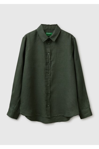 Women's Khaki 100% Linen Classic Collar Long Sleeve Shirt