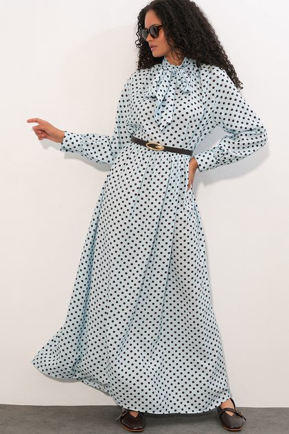 Women's Belted Polka Dot Hijab Dress 1537 - Blue