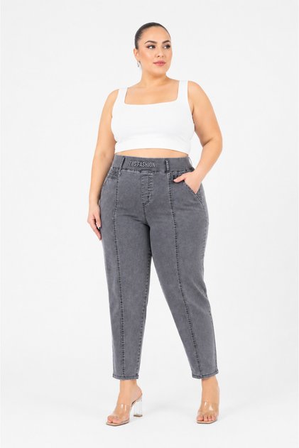Plus Size Elastic Waist Pocketed Lycra Denim Mom Cut Women's Trousers