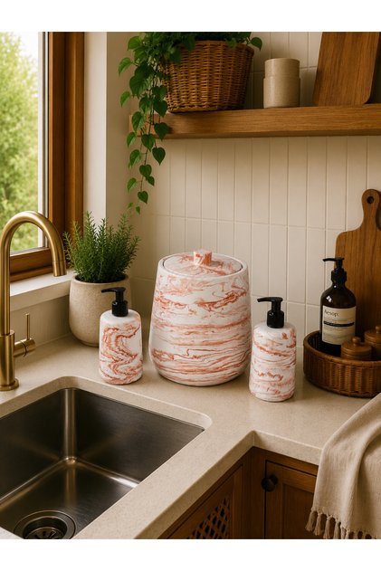 Decorative Bohemian Style 3-Piece Marble Pattern Kitchen Set Countertop Trash Can Liquid Soap Dispenser Detergent Dispenser Set Hand and Dish Soap Dispenser Set