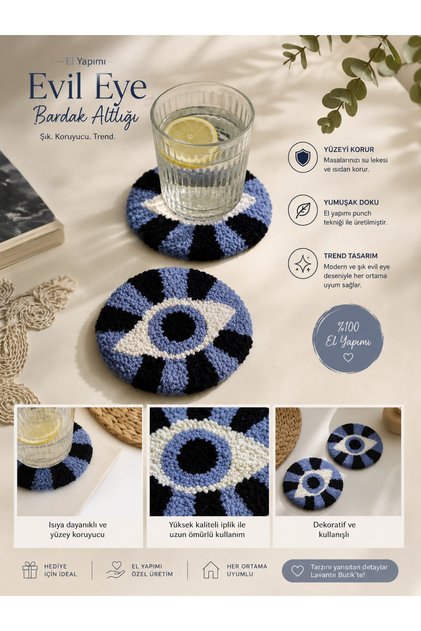 Handmade Evil Eye Coaster – Punch Embroidery Decorative Coaster Evil Eye Bead Punch Coffee Presentation Coaster Needle Coaster Car Accessory