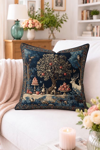 Nar Ağacı ve Geyik Desenli Kırlent Kılıfı - Lacivert Goblen Görünümlü Vintage Dekoratif Yastık Kılıf