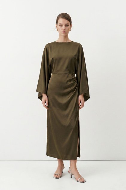 Khaki Bat Sleeve Slit Satin Midi Dress 252767