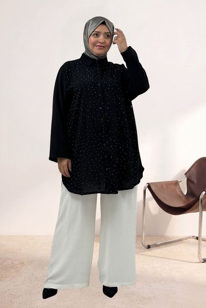68053 Plus Size Mango Shirt with Stone Buttons on the Front - Black