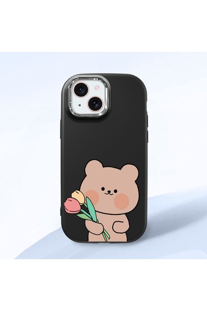 iPhone 15 Compatible Case with Camera Protection Black Silicone Couple Phone Case with Teddy Bear Pattern
