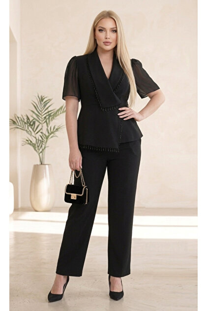 formal dress blouse and pants Butik Nilyam Women's Plus Size Double Breasted Collar Stone Detailed Crepe Fabric Trousers Evening Set 27003 semi formal blouse and pants