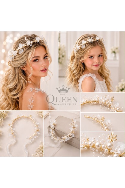 Luxury Gold Gold Pearl Stone Flowered Shapeable Wire Tieable Hair Crown Engagement Henna Wedding Tiara