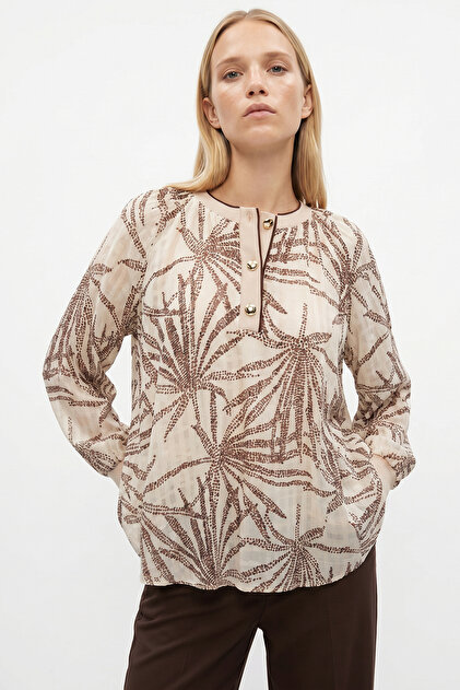Button Detailed Patterned Crew Neck Long Sleeve Regular Blouse