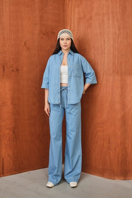 Kadın Kot Tensel Oversize Gömlek Pantolon İkili Takım