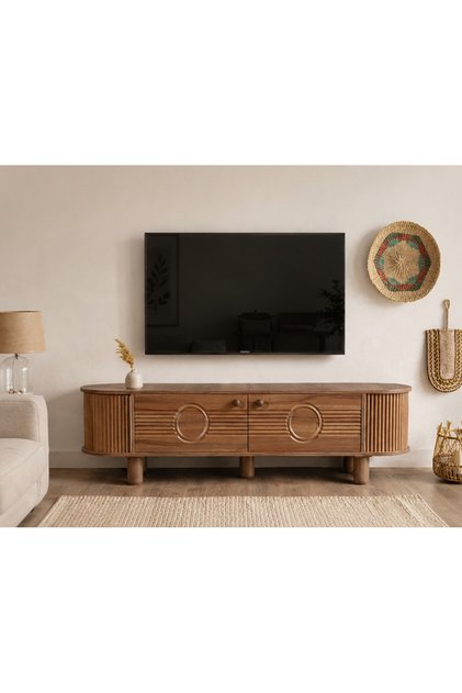Bohem Koyu Ceviz TV Ünitesi Modern Çizgili Kapaklı Ahşap Televizyon Ünitesi 180 cm