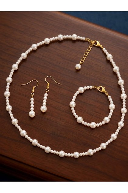 3-Piece White Color Pearl Women's Jewelry Set Earrings, Necklace, Bracelet