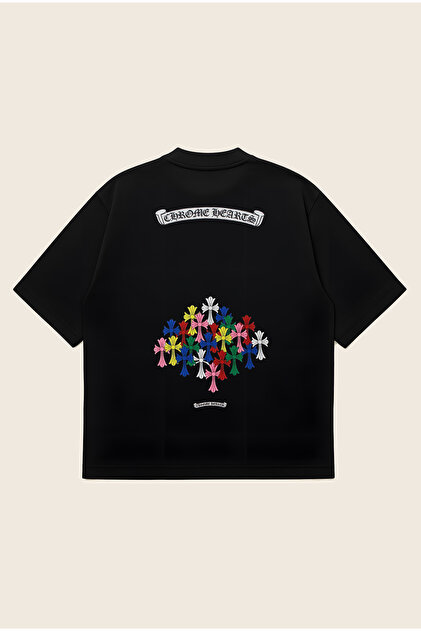 PURE EFFECT Unisex Oversize Chrome Hearts Baskili Baskılı Boxy Fit
