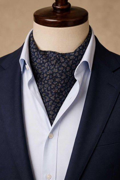 Navy Blue Shawl Pattern Italian Silk Ascot Tie Sac128