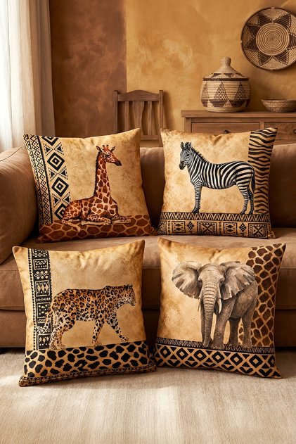 Safari African Animals Patterned 4-Piece Throw Pillow Cover Set