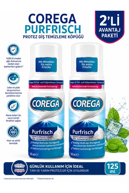 Purfrisch Protez Diş Temizleme Köpüğü 125 ml - Takma Diş ve Damak Temizleyici X 2 Adet