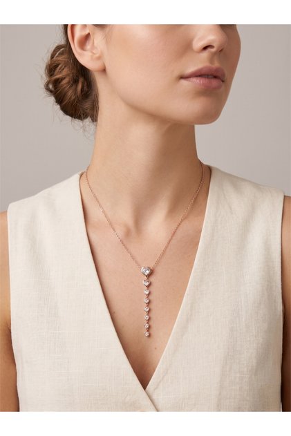 Rose Gold Y Necklace with White Heart Stone