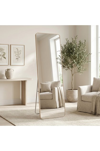 Full-Length Floor Mirror with Beige Frame and Metal Stand – Modern Chic Design for Bedroom and Dressing Room 160X48Cm