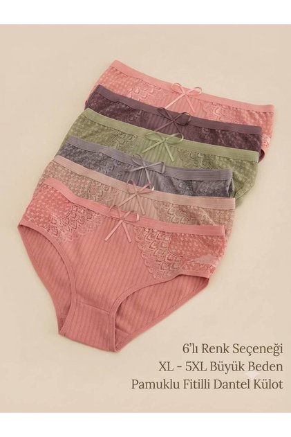 Büyük Beden Yüksek Bel Dantelli Fitilli Kadın Külot 6 lı Paket