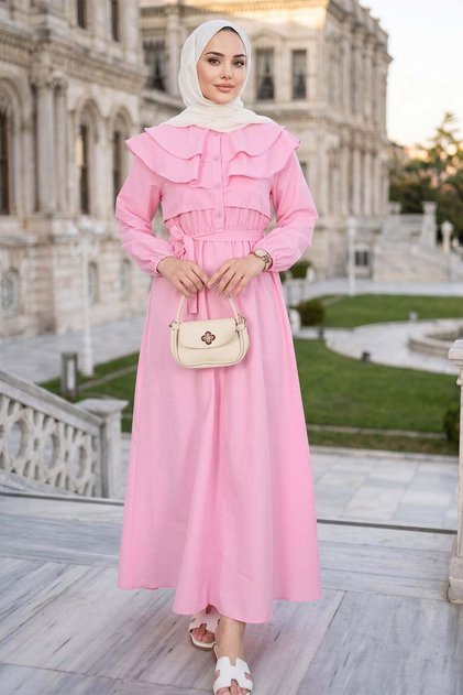 Volan Collar Buttoned Elastic Waist Belted Dress Hnt03151 Pink