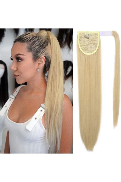 Long Straight Ponytail Extension Wrap Around Off Black Synthetic Hair Extensions One Piece Hairpiece Pony Tail Extension for Women