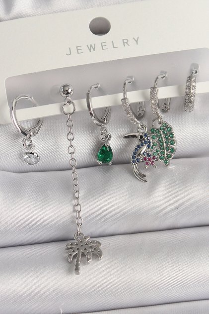 Brass Silver Color Dangle Zircon Stone Tree Figure Multiple Women's Earring Set