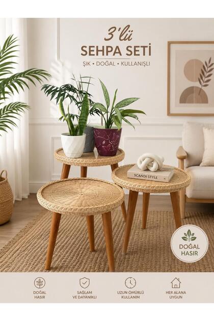 Luna El Yapımı 3'lü Rattan Zigon Sehpa Seti/ Doğal Hasır, Ahşap Ayaklı Bohem Salon Yan Sehpası