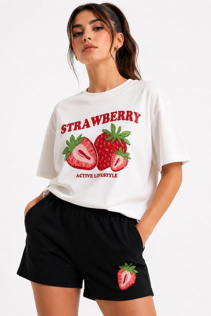 T-Shirt Shorts Set Strawberry Printed Oversize Fit Cotton