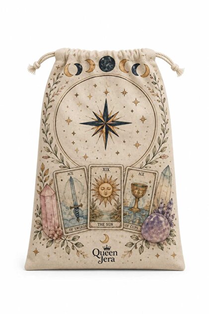 Queen Jera Tarot Kartı Ve Ay Fazları Desenli Büzgülü Bez Kese