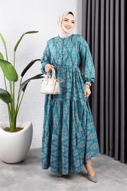 Lace-Up Patterned Viscose Dress Green