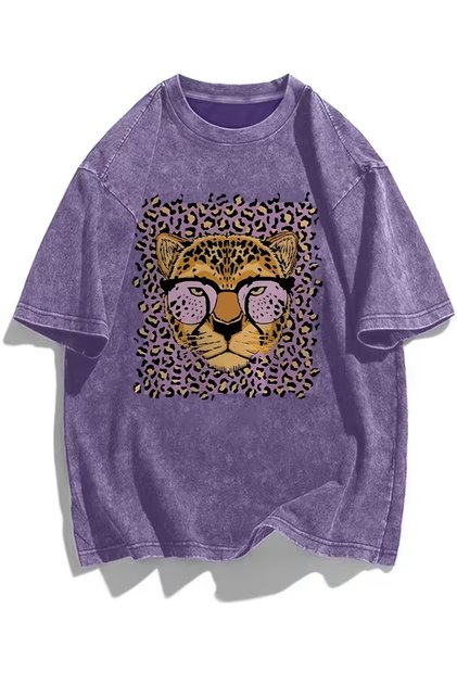 Leopar Design Baskılı Yıkamalı Vintage Unisex Oversize T-Shirt