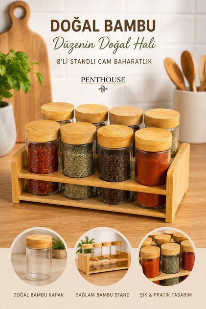 8-Piece Glass Spice Jar Set with Bamboo Stand and Wooden Lid Spice Jar Organizer