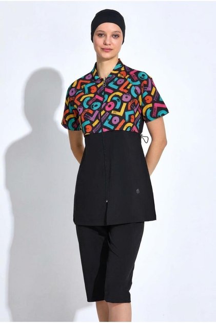 Girl Waiter Short Sleeve Zippered Black Half-Closed Hijab Swimsuit C5T4N66