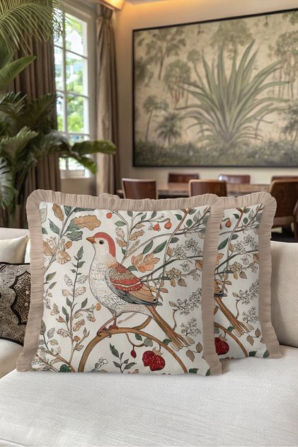 Decorative Bird Motif Fringed Pillowcase - Botanical Beige Green Cream Tasseled Throw Pillow Cover