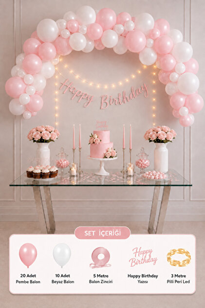 Pembe Beyaz Doğum Günü Süsleme Seti 30 Balonlu Happy Birthday Yazılı Pilli Ledli Parti Seti