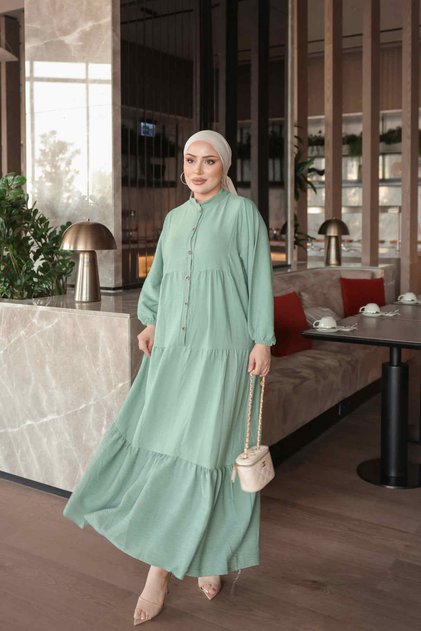 Mint Green Half Buttoned Layered Skirt Dress with Elastic Sleeves