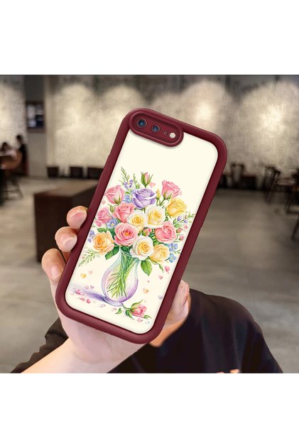 iPhone 8 Plus Compatible Case Camera Protector Burgundy Silicone Couple Phone Case Floral Pattern